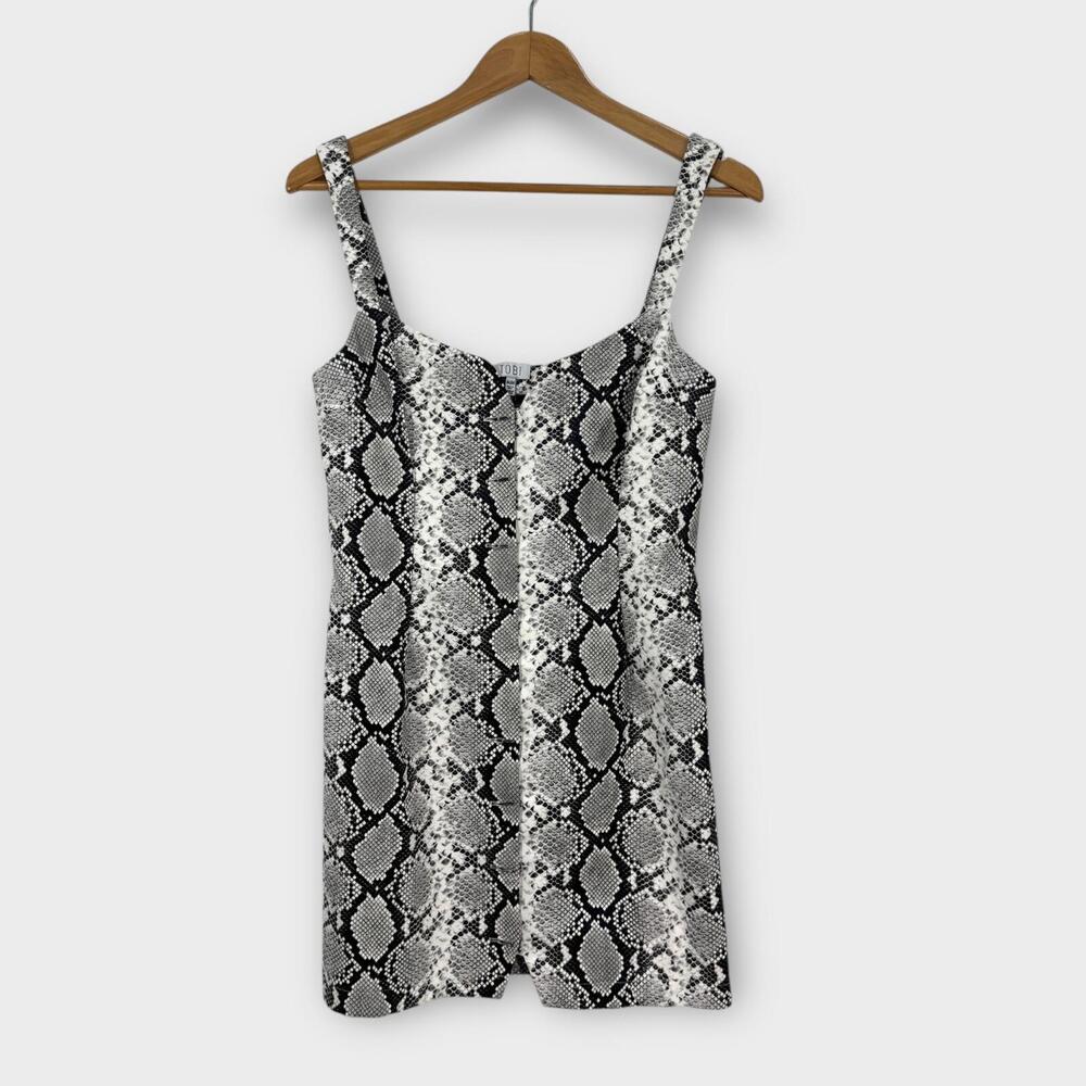 Tobi Women’s Size Medium Gray Snake Print Faux Leather Hook Front Mini Dress